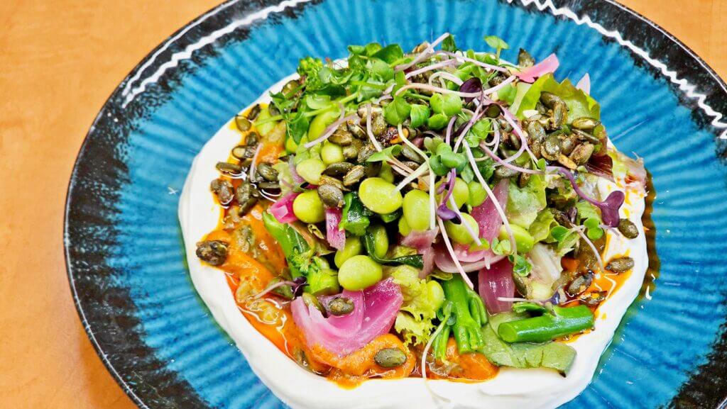 Salát z divoké brokolice a pečeného lilku, domácí harissa, jogurt, pražená semínka 265,-